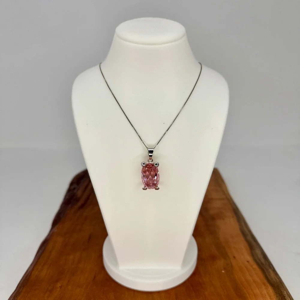 Sterling Silver Necklace with Bold Pink Oval Faceted CZ Gemstone Pendant 18